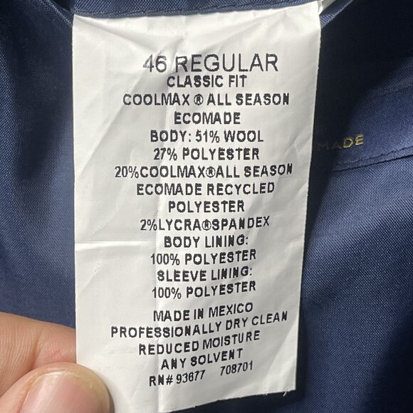 Stafford Blue Classic Fit Coolmax All Season Mens Blazer Suit Jacket 46R - Picture 5 of 10